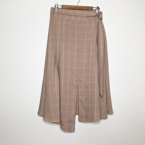 Farrow Midi Skirt Medium Neutral Plaid Window Pane Tie-Up Modest Slit Career - Picture 10 of 10